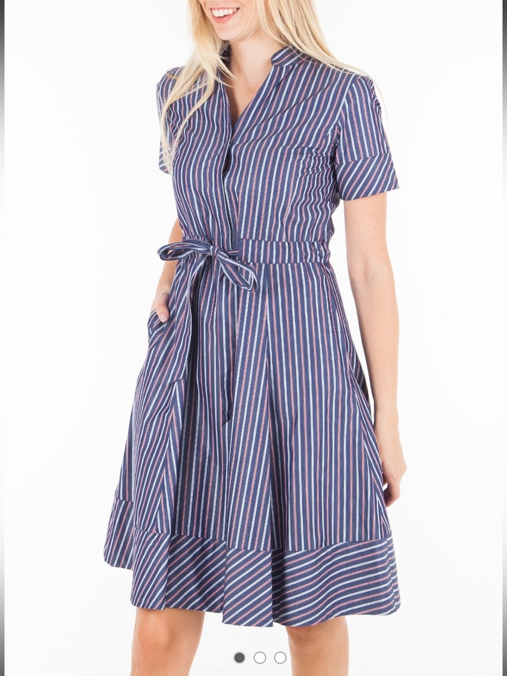 Brooks Brothers Navy, White & Red Striped Midi Shirtwaist Dress Mandarin Collar